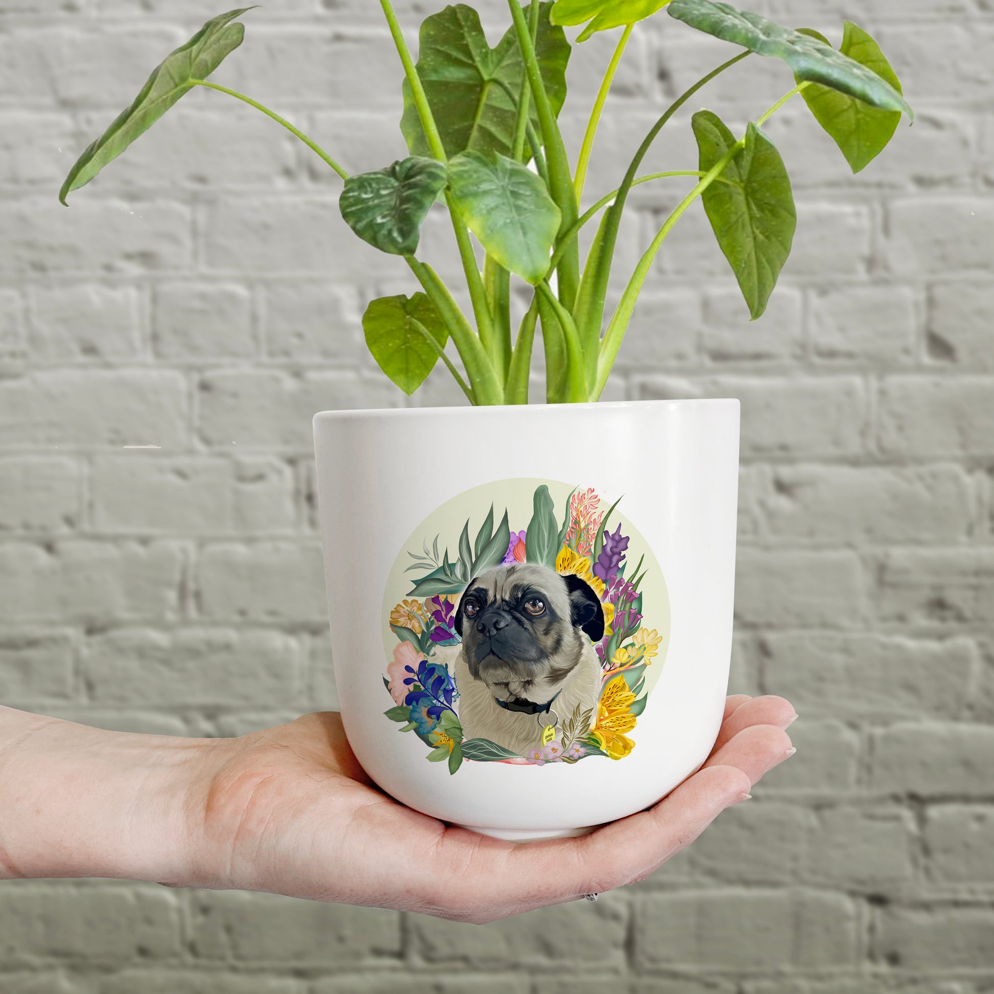 A beautiful floral back drop elevates the illustration of your pup and the artist adds beautiful elegance around the portrait. Each porcelain planter urn has been carefully crafted with the memory of your pet in mind. The base separates to enable you to either keep your ashes in the bottom compartment with the use of the provided plug or it can be used for self watering.  